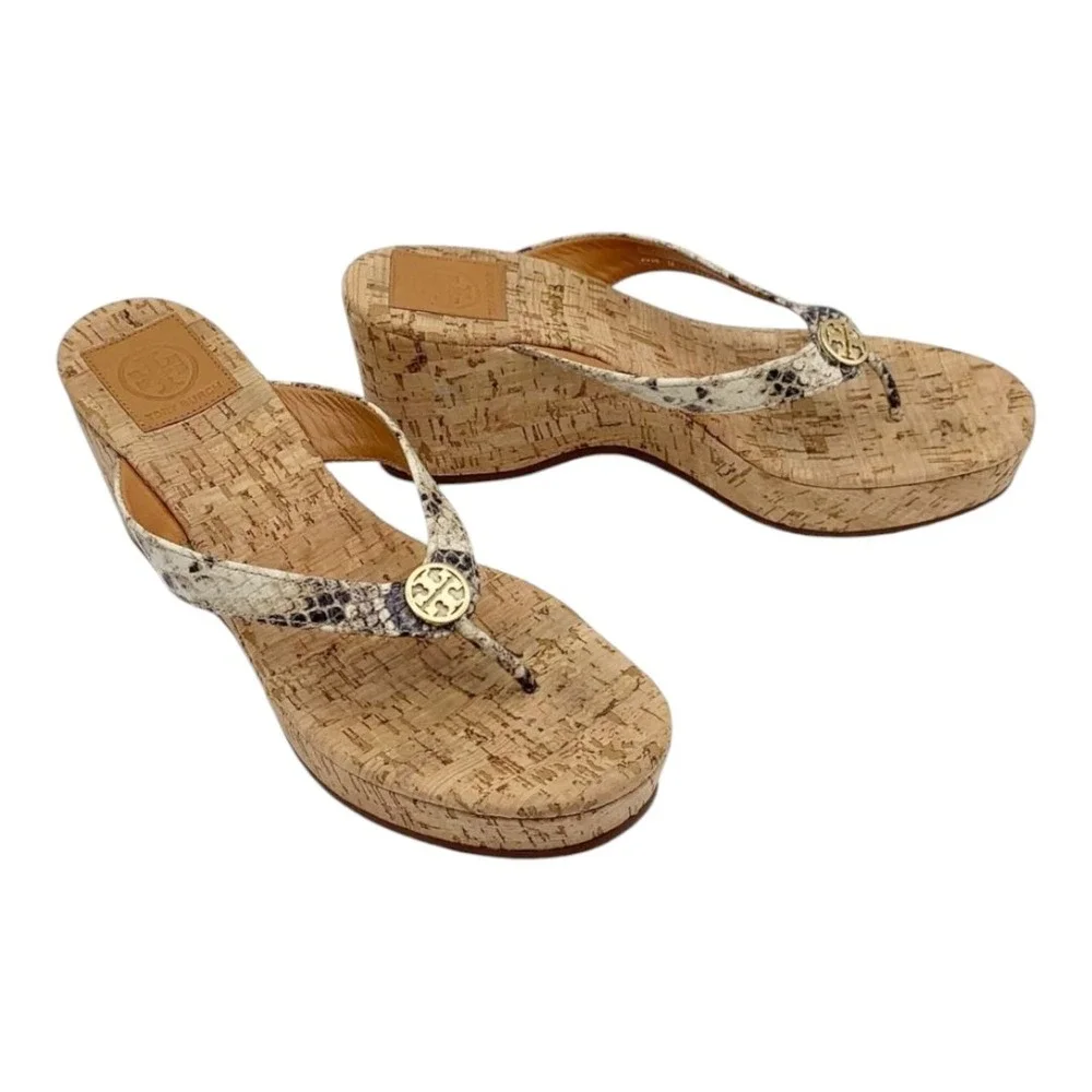 Tory Burch Suzy Cork‎ Snake Print Thong Wedge Heel Sandals Women's 9.5